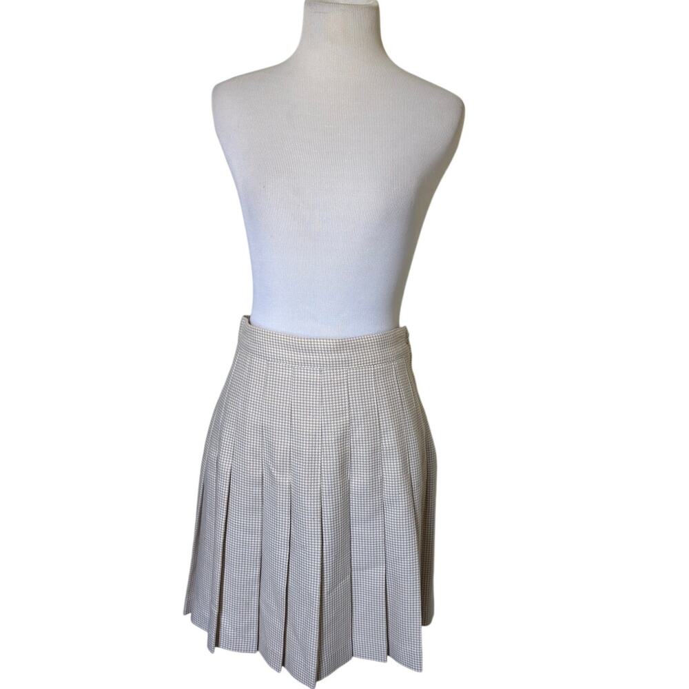 Vintage 80s 90s Mixed Blues Cream Tan Houndstooth Pleated Skirt